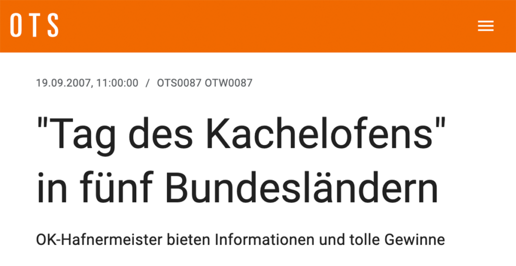 Tag des Kachelofens 2007 – historische OTS-Presseaussendung OTS-Presseaussendung vom 19. September 2007 zum Tag des Kachelofens in fünf Bundesländern