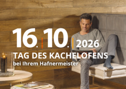 Tag des Kachelofens 2026 am 16. Oktober mit modernem Kachelofen und gemütlicher Sitzbank beim Hafnermeister