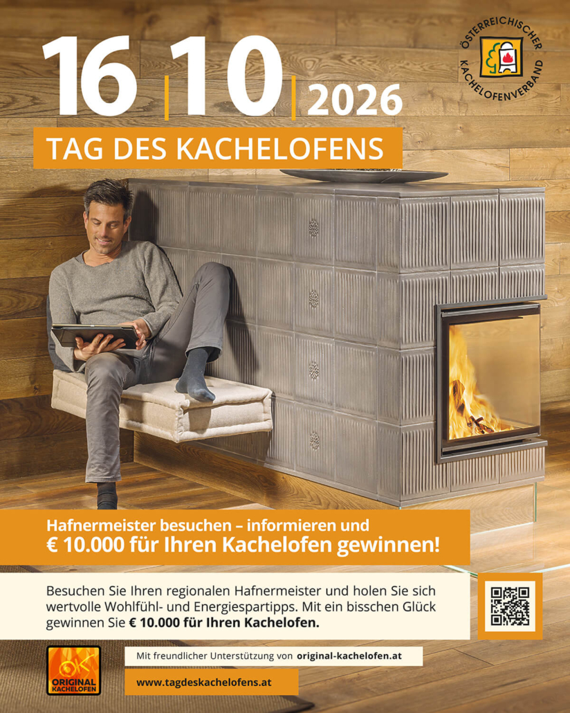 Tag des Kachelofens 2026 – Hafnermeister besuchen und Kachelofen erleben Plakat zum Tag des Kachelofens 2026 am 16. Oktober mit modernem Kachelofen und Gewinnspiel über 10.000 Euro