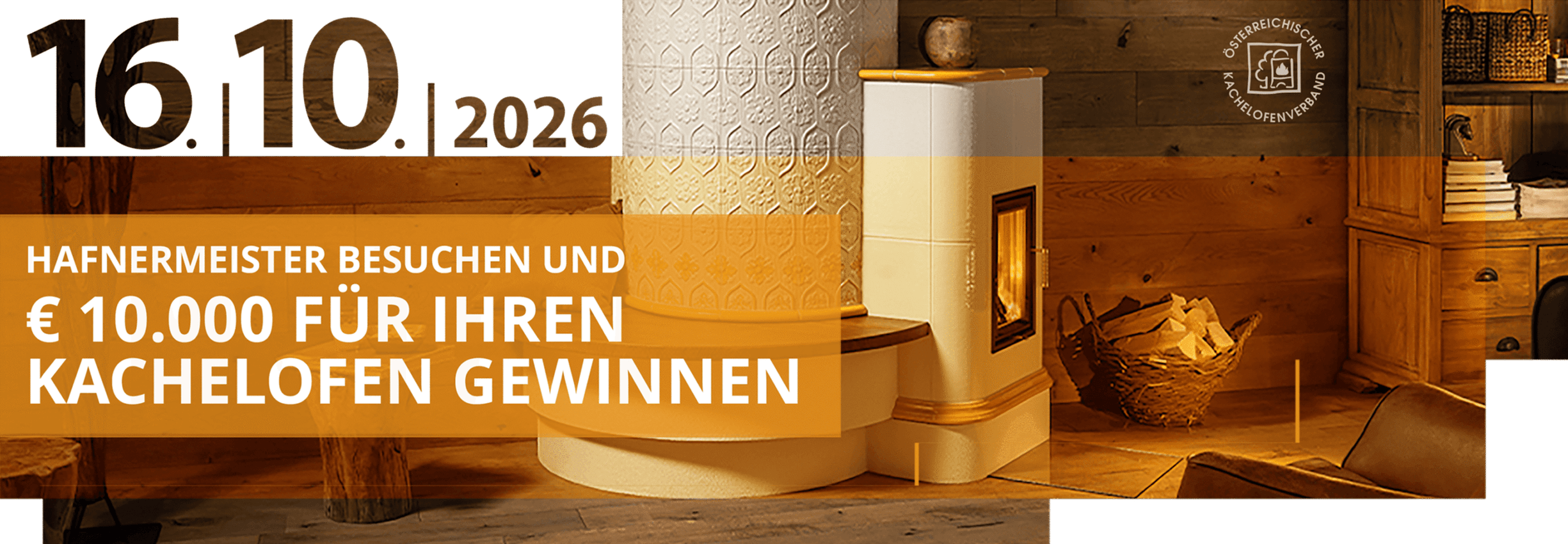 Sujet zum Tag des Kachelofens 2026 am 16. Oktober mit Kachelofen und Gewinnspiel für einen Kachelofen